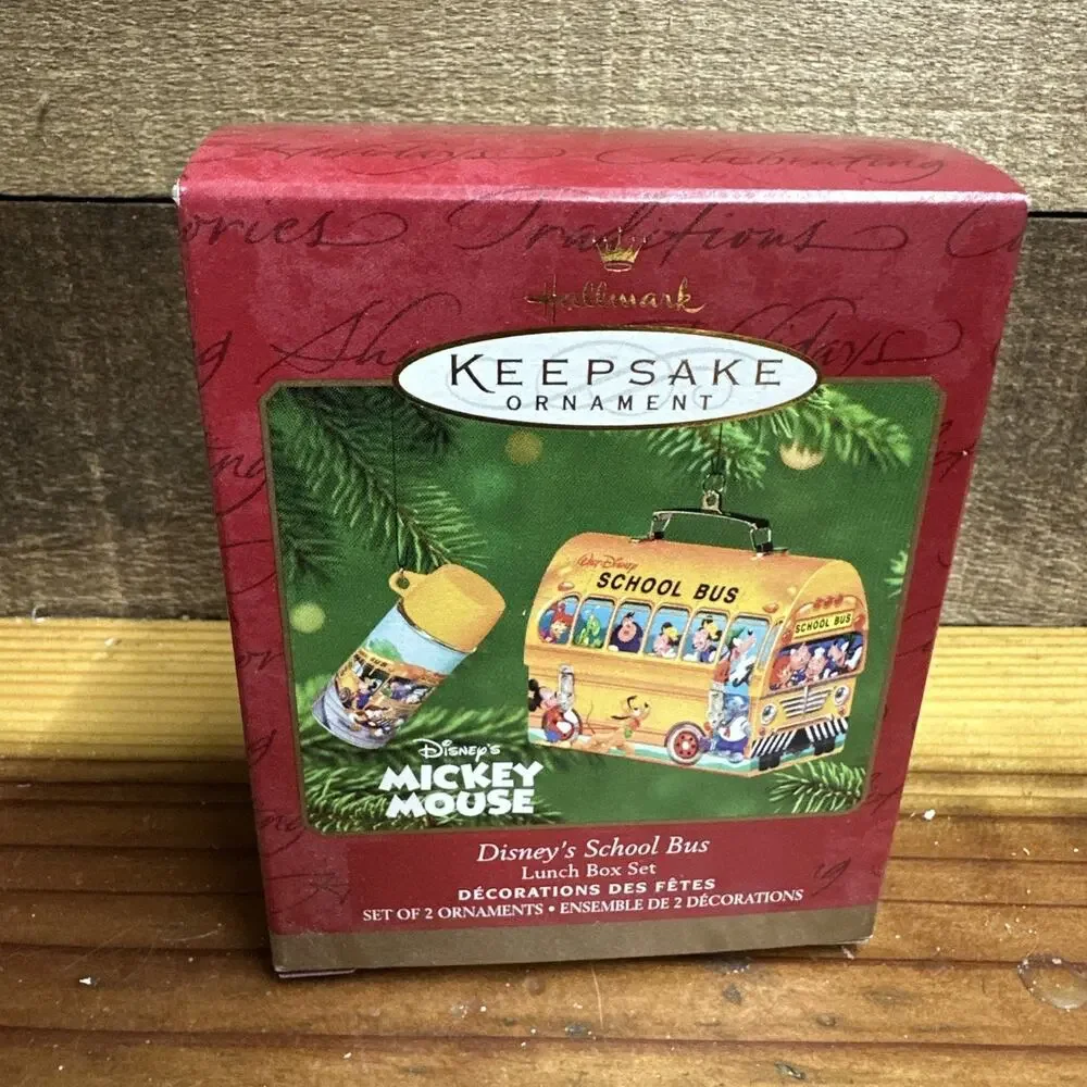 2001 Hallmark Keepsake Ornament Disney Mickey Mouse School Bus Lunch Box Thermos